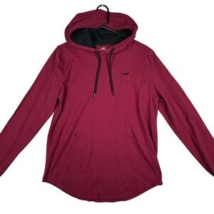 Hollister Men Burgundy Hooded Tee Long Sleeve Pocket Logo Size M